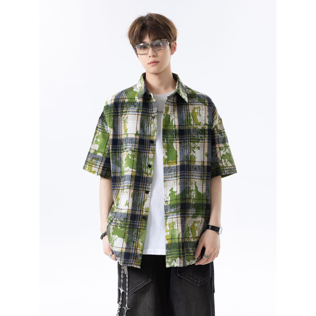 简Beauty式 Dilling DyeIFASHIONเสื้อแขนสั้นผู้ชายRetro Retro格子外套女宽松休闲衬衣潮Jane Heng American IFASHION2026