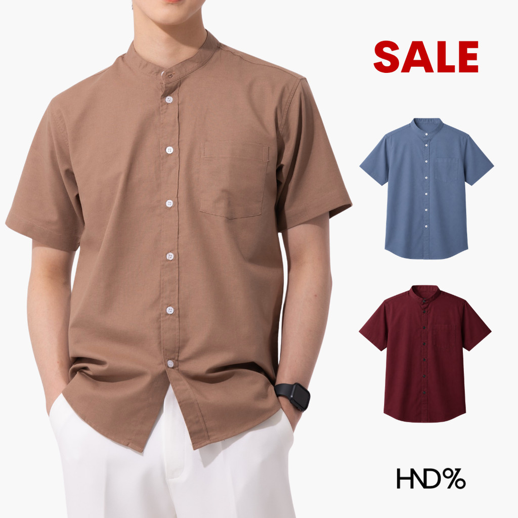HND% Clearance [M-6XL] เสื้อเชิ้ตคอจีนแขนสั้นผ้าOXFORD รุ่นBRAVE เสื้อเชิ้ตผู้ชาย สีพื้น - ทรงตรงไม่