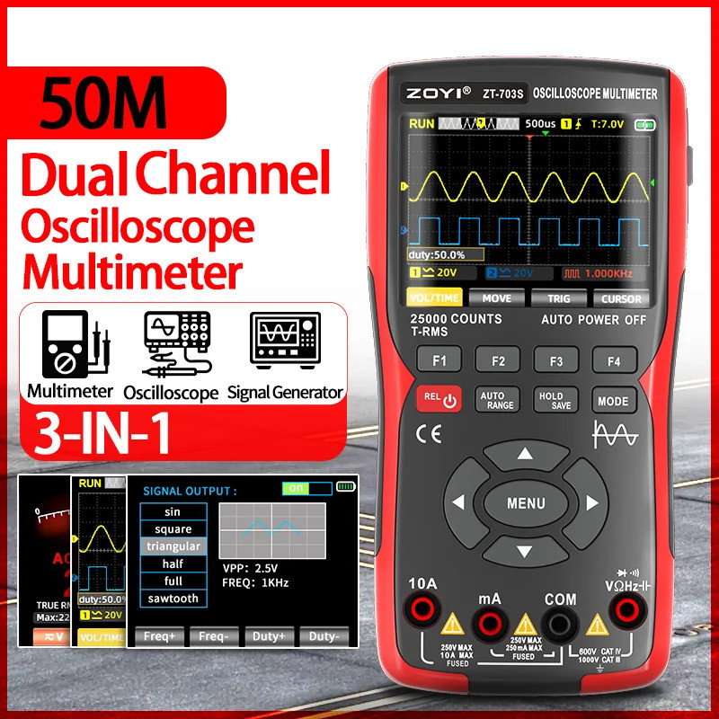 ZOYI ZT-703S 3-in-1 มัลติมิเตอร์แบบดิจิตอล Oscilloscope สัญญาณเครื่องกําเนิดไฟฟ้า 50MHz 2CH 19999 นั
