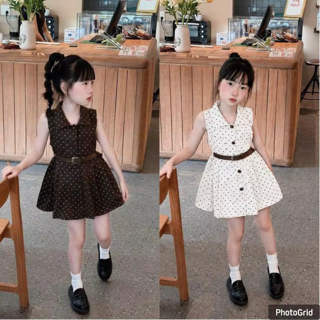 G444 (ขนาด 90-140) เดรสลูกสาวแขนกุดคอปกลายจุดกระโปรงบาน มีเข็มขัด