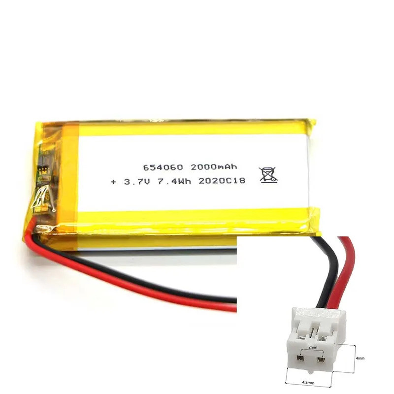 3.7V 2000Mah 654060 Li-Ion Li-Polymer Li 2.0 JST 2Pin สําหรับของเล่นไฟฟ้าแท็บเล็ตโทรศัพท์มือถือ DVD 