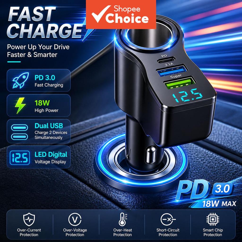 Car USB Pd Fast Charger พร้อมจอแสดงผลดิจิตอล