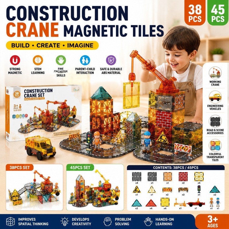 ชุดสร้างกระเบื้องแม่เหล็กเครนก่อสร้าง | 38 ชิ้น/45 ชิ้นบล็อกตัวต่อแม่เหล็กที่แข็งแกร่ง | City Road Engineering Vehicle STEM ของเล่นเพื่อการศึกษาสําหรับเด็ก