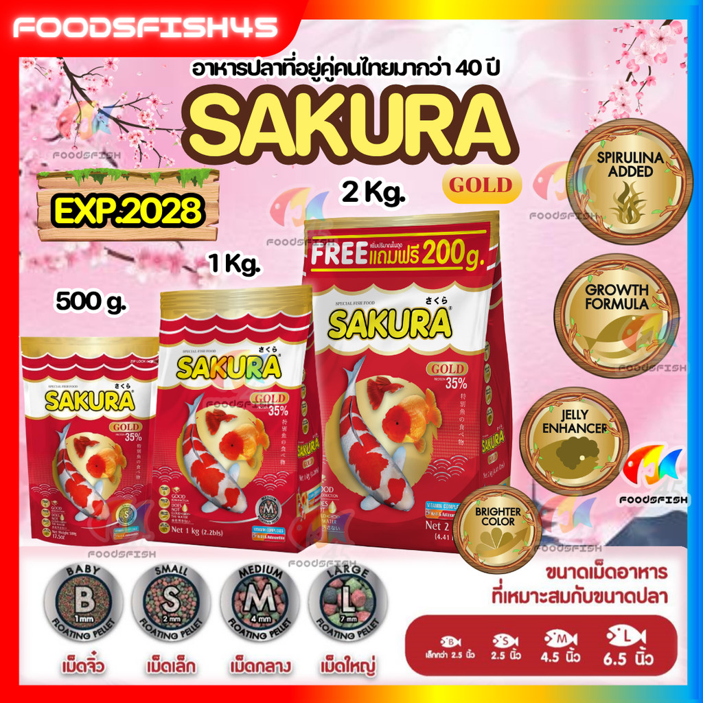 💥EXP.2027-28🐠2 Kg.ฟรี 200g. ในถุง อาหารปลาซากุระ Sakura Gold ขนาด 1 กก. และ 2 กก.