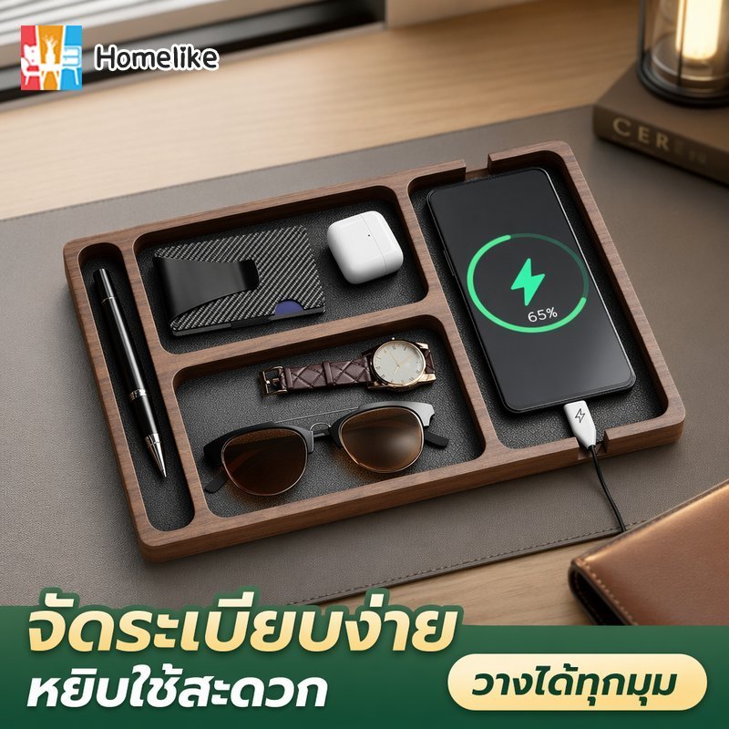 ถาดเก็บของไม้เนื้อแข็ง ถาดจัดระเบียบโต๊ะ แบ่งช่องวางกุญแจ โทรศัพท์ แว่นตา รีโมท ของใช้สำนักงาน