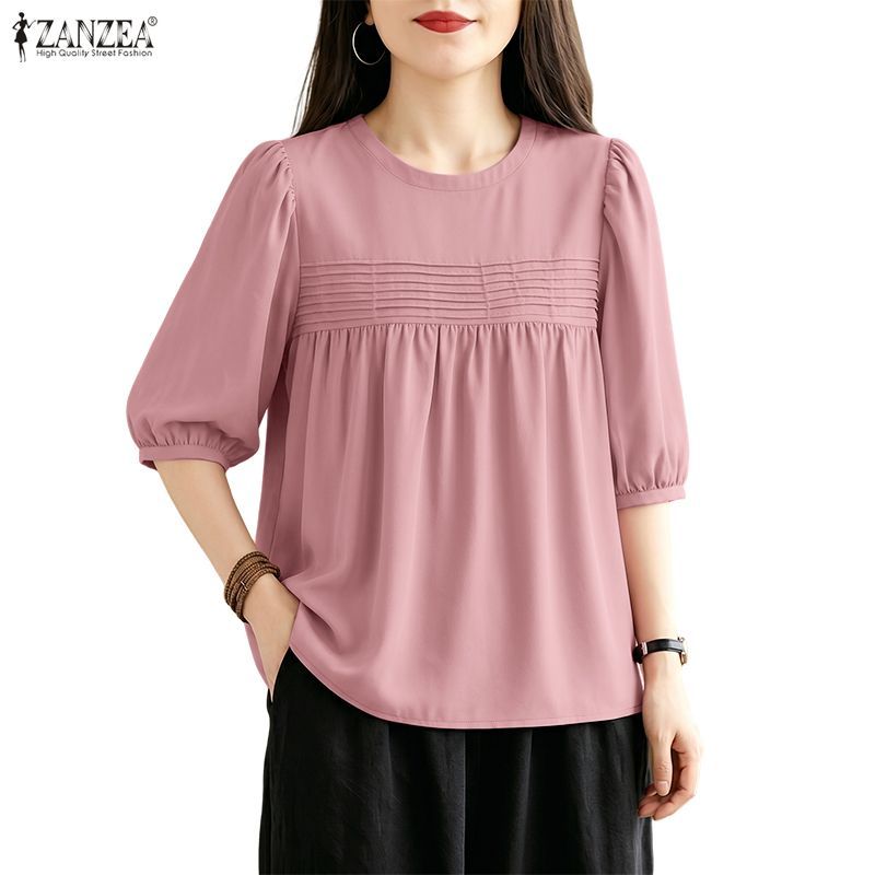 ZANZEA ผู้หญิงเกาหลีอ่อนโยนลูกเรือคอโคมไฟแขน Pleats Splicing สีทึบ A-Line เสื้อ