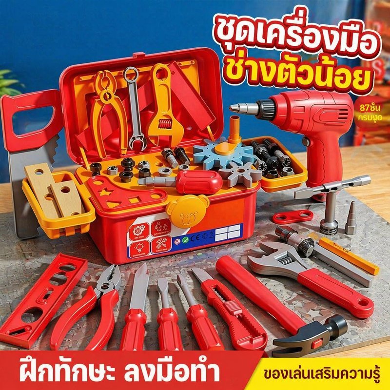 ของเล่นกล่องเครื่องมือ ช่างซ่อม สำหรับเด็ก พลาสติก ชุด87ชิ้น มีไขควงไฟฟ้า ฝึกทักษะปฏิบัติ