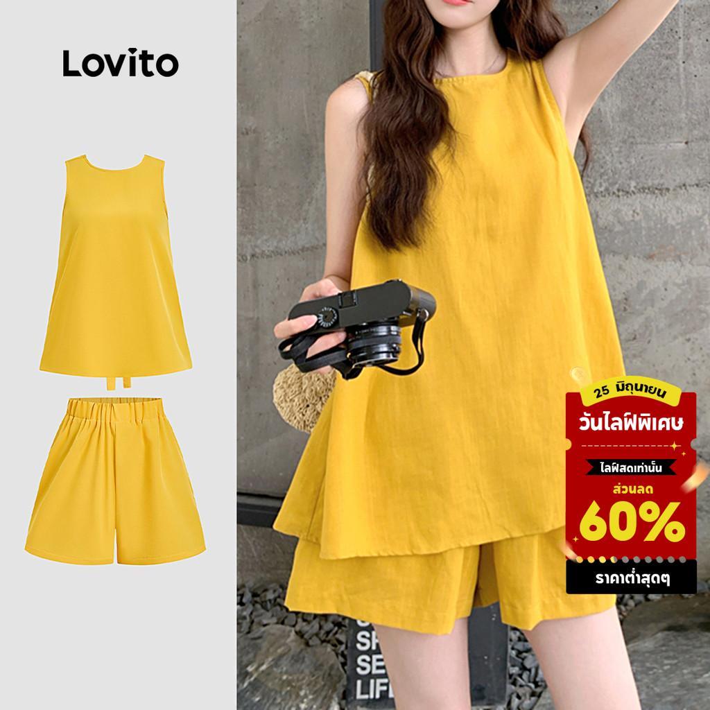 Lovito แคชชวล ชุดกางเกงขาสั้นผูกเอว  สําหรับฤดูใบไม้ผลิ/ฤดูร้อน สีเหลือง L164LD128