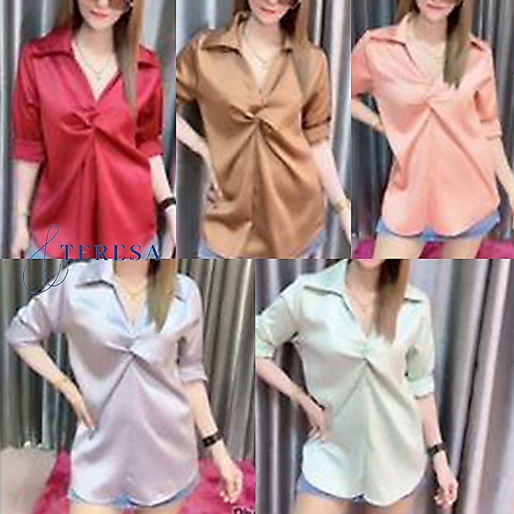 พร้อมส่ง เสื้อเชิ้ตคอปกเเฟชั่นผู้หญิงเนื้อผ้าซาติน ผ้าเงา พริ้ว ใส่สบาย