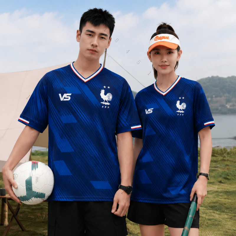 เสื้อฟุตบอลสไตล์ฝรั่งเศส คอวีแขนสั้น ชายหญิง เสื้อเชียร์บอล ซ้อมกีฬา แห้งไว ระบายอากาศดี ใส่สบาย