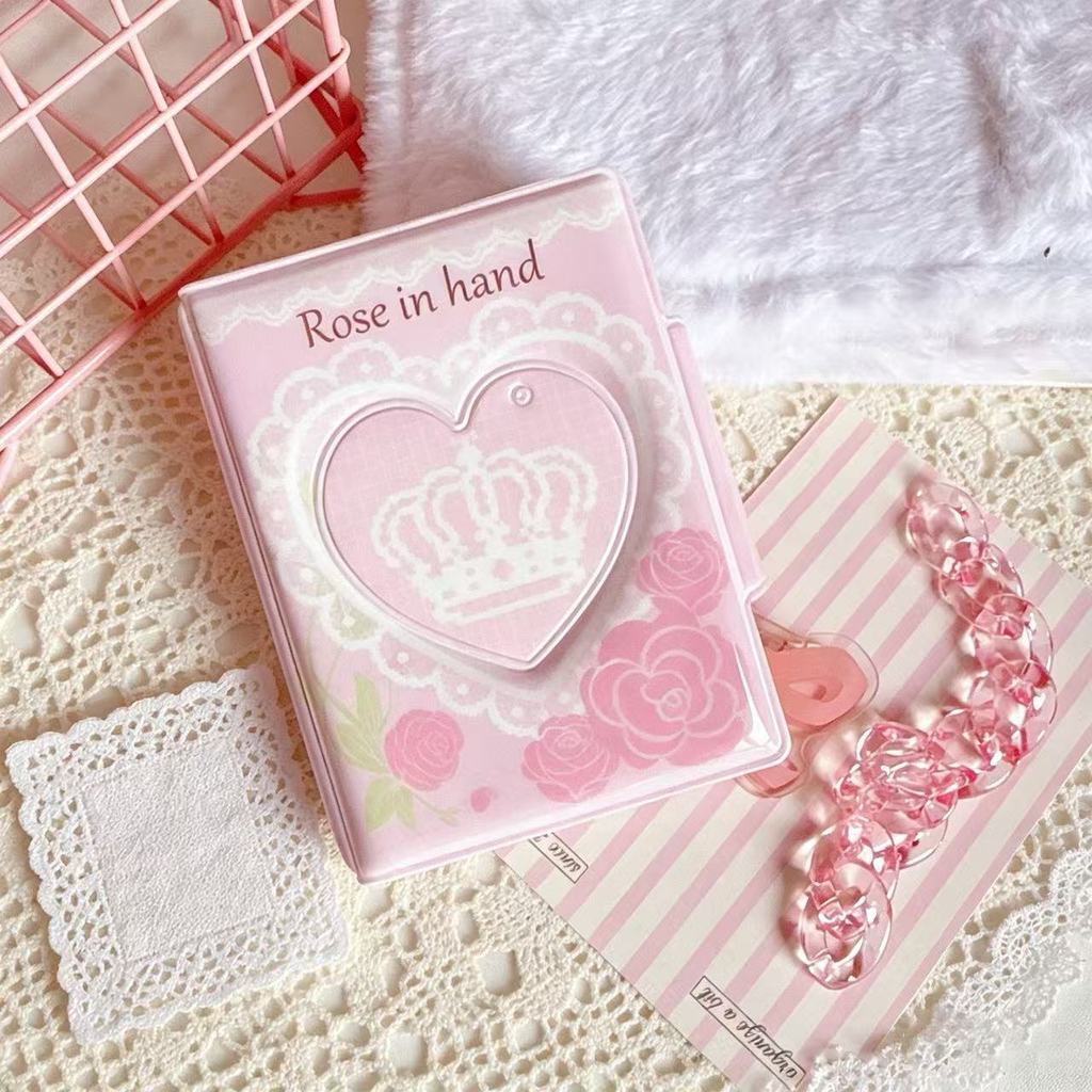 Ins Pink French Rose Heart-Shaped Card Holder 3 นิ้ว Idol Card Organizer อัลบั้มภาพส่วนเดียว