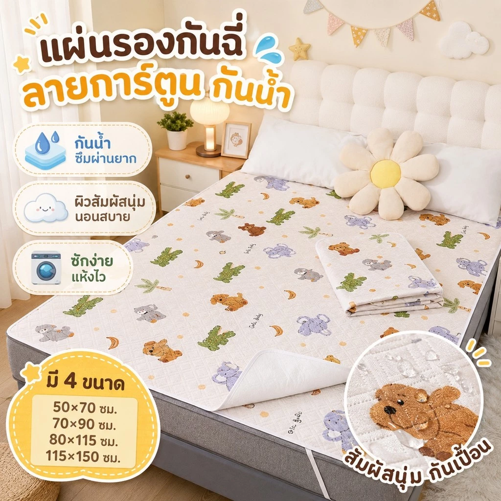 【กันน้ำ100% 】ผ้ารองฉี่เด็ก 5ชั้นA+ 115x150cm นุ่ม ระบายดี ไม่ร้อน ไม่ผด ซักเครื่องได้ไม่เสียทรง รองทั้งเด็กและผู้ใหญ่