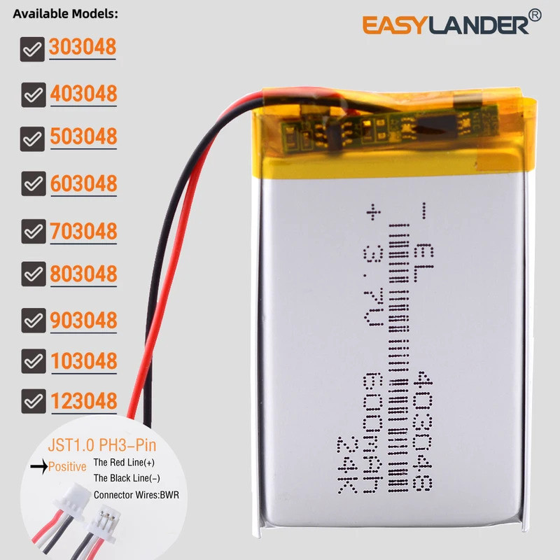 JST1.0mm 3Pin 3.7V 503048 800มะห์ 303048 403048 603048 703048 803048 903048 103048 123048 แบตเตอรี่ล