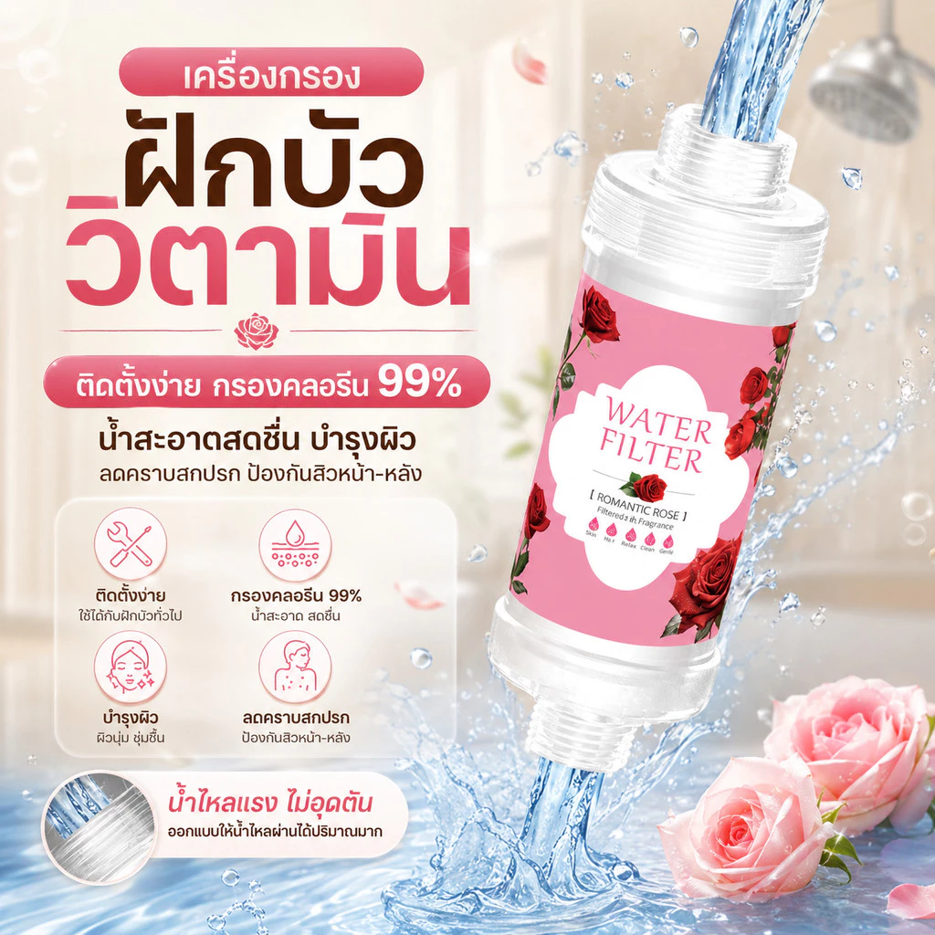เครื่องกรองฝักบัววิตามิน ติดตั้งง่าย กรองคลอรีน99% น้ำสะอาดสดชื่น บำรุงผิว ลดคราบสกปรก ป้องกันสิวหน้า-หลัง