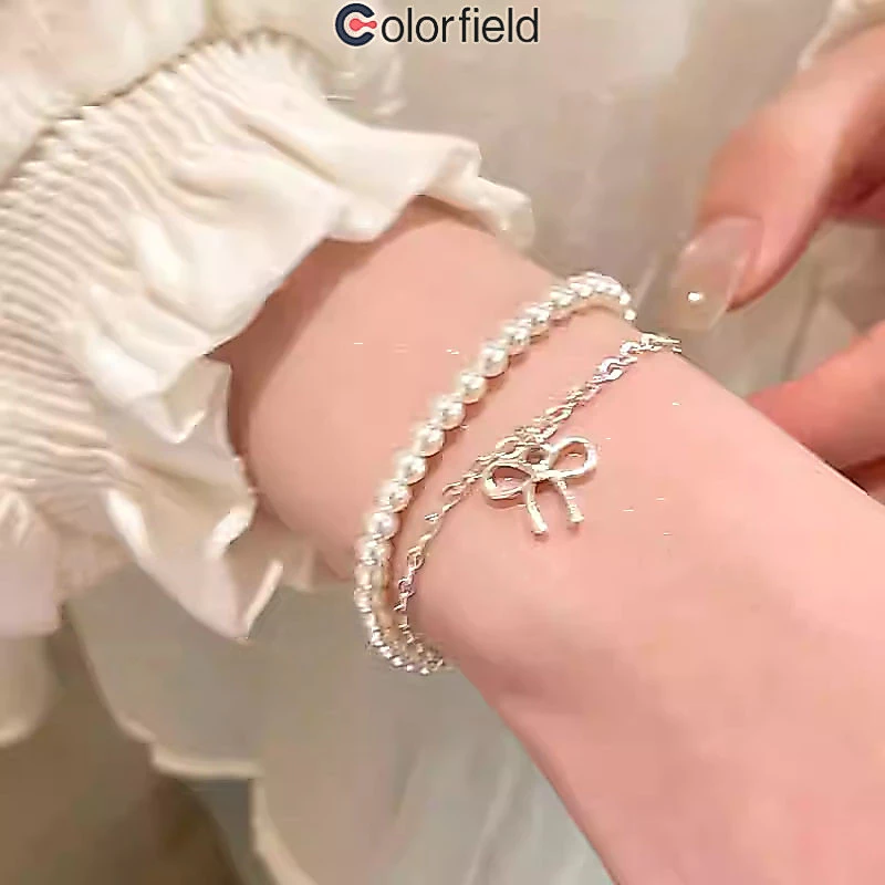 Colorfield สร้อยข้อมือ ประดับโบว์ ประดับไข่มุก สองชั้น ระดับไฮเอนด์ เข้ากับทุกการแต่งกาย ผู้หญิงที่ เครื่องประดับแฟชั่น