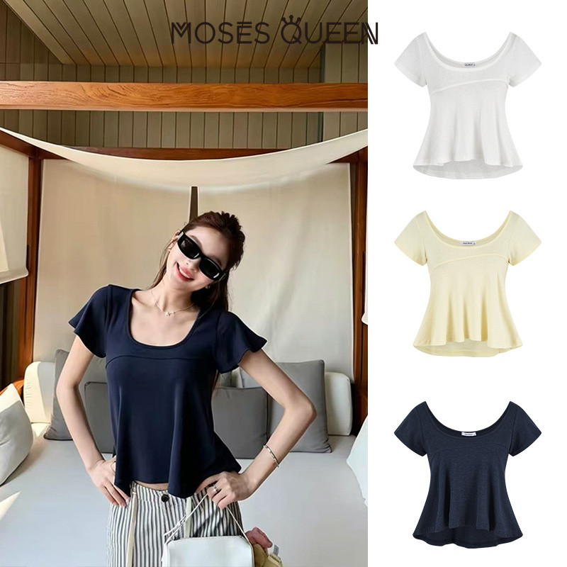 < MOSESQUEEN > มอสเนสควีน เสื้อยืดแขนสั้นคอวีน่าระทึกใจสําหรับผู้หญิงในฤดูร้อน-เสื้อท็อปแขนสั้นทรงหลวมใส่แล้วดูผอม #63865