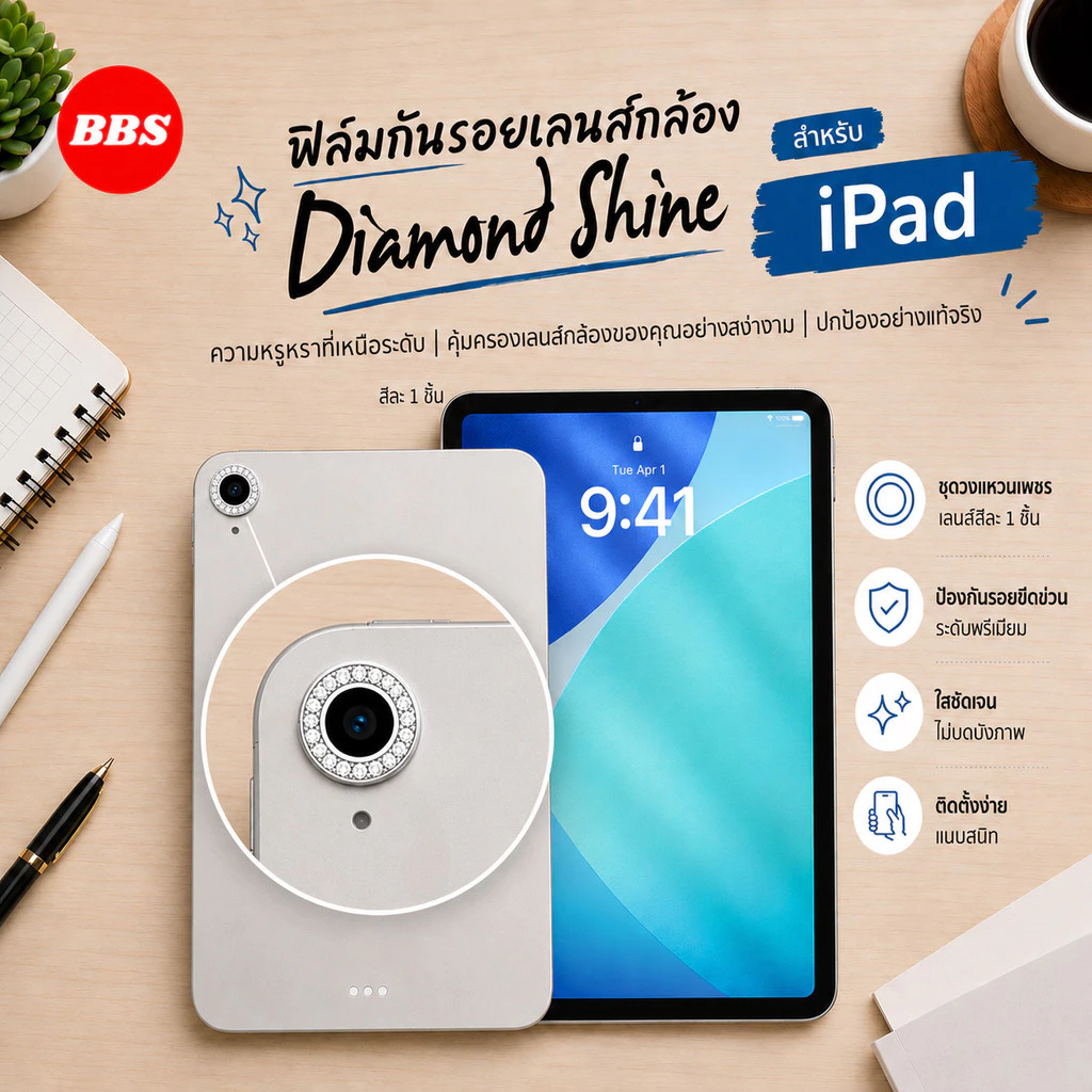 ฟิล์มเลนส์กล้องกากเพชร สำหรับ iPad Air8 2026 Air M4 /Air7/Air6/Gen11/Gen10/AIR6/AIR5/AIR4 ฟิล์มกันรอยเลนส์กล้องโลหะ