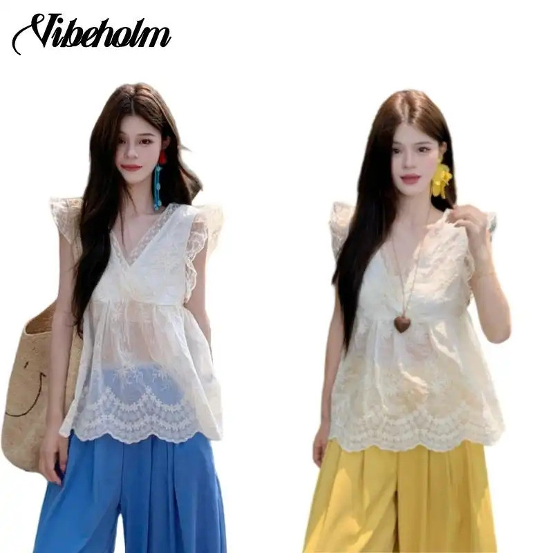 เสื้อลูกไม้ฝรั่งเศสพลัสไซส์เสื้อแจ็คเก็ตเข้ารูปสําหรับผู้หญิงฤดูร้อนสไตล์ใหม่เสื้อเข้ารูปอแขนกุดผู้หญิงอเชิ้ตไร้สาย