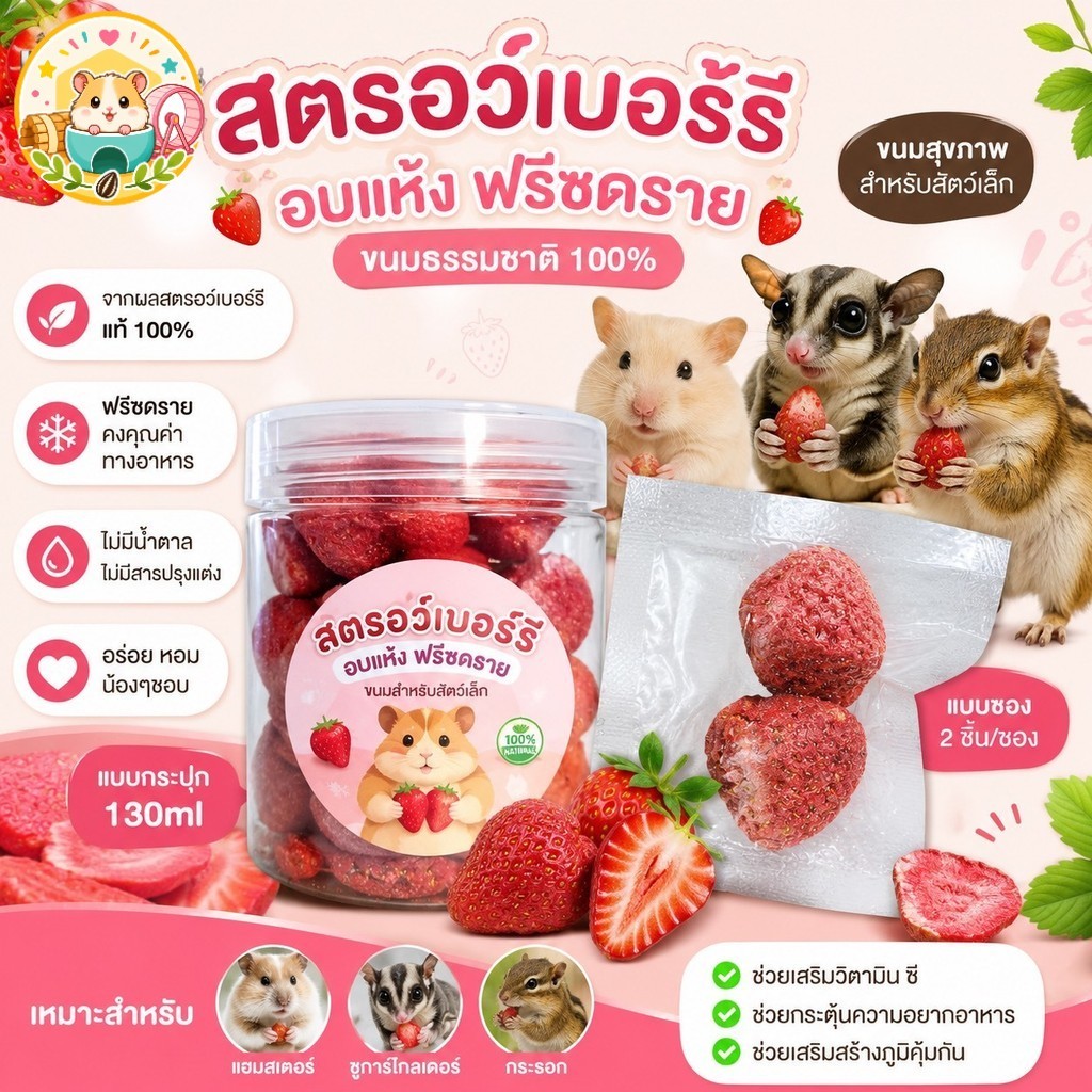 Hamster.lover สตรอว์เบอร์รี่อบแห้งฟรีซดราย ขนมสัตว์เล็ก แฮมสเตอร์ ชูการ์ ขนมธรรมชาติ 100%