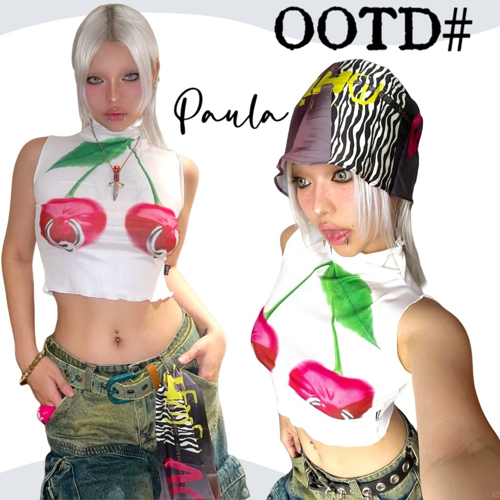 Paula พร้อมส่ง🌴เสื้อยืด เสื้อครอป🌴เข้ารูป แฟชั่นผู้หญิง แซ่บ! สไตล์เกาหลี Y2K เซ็กซี่ ปลอกคอสูง สุดเก๋ รูปแบบเชอร์รี่