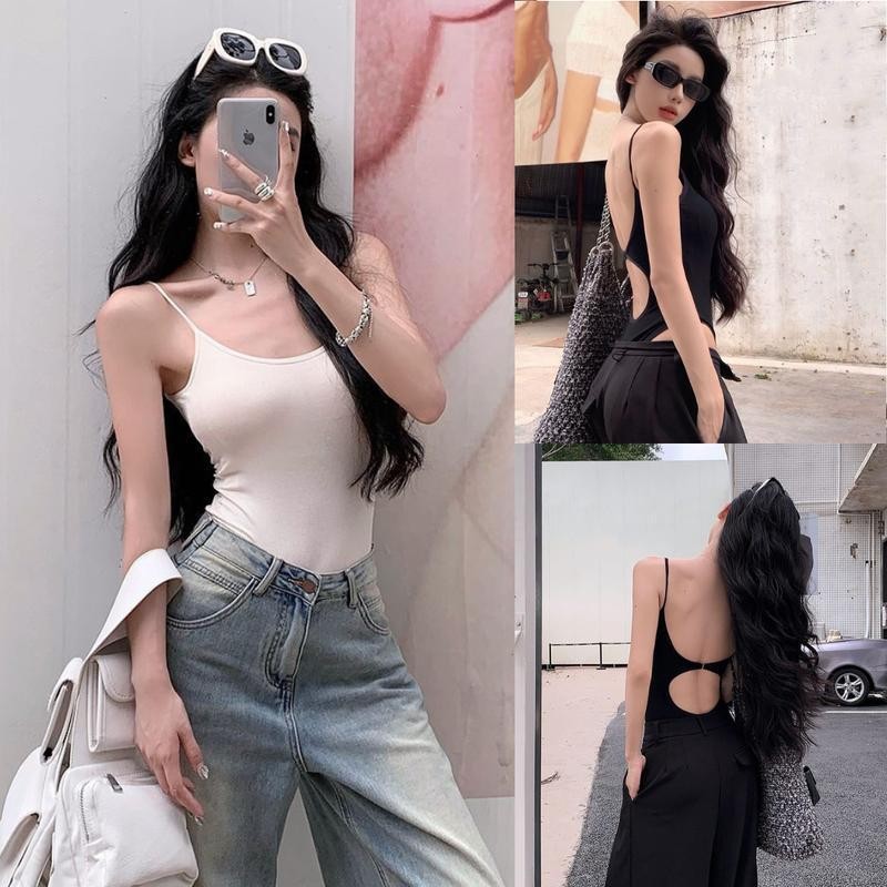 DOMI บอดี้สูทสีดำสวยหรูแมทช์กับเสื้อผ้าได้สวย เสริมฟองน้ำ เสื้อฤดูร้อน มีพร้อมส่ง Clothing ผู้หญิง