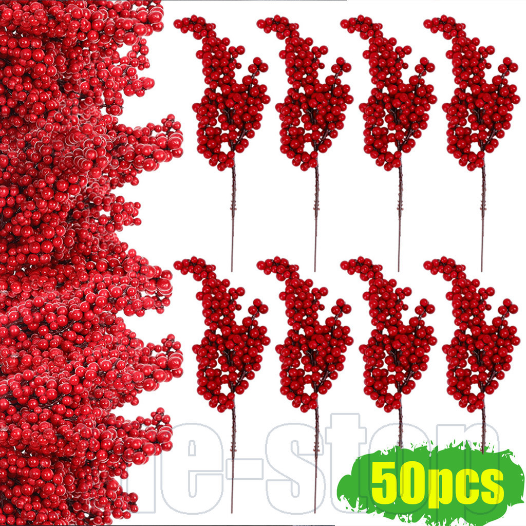 เครื่องประดับคริสต์มาส ผลเบอร์รี่สีแดง ขนาด 20.5 ซม. มีก้านพลาสติกสำหรับการตกแต่งต้นคริสต์มาส