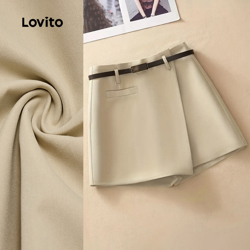 (New) Lovito กางเกงขาสั้นชั่วคราวแบบปลอม 2in1 สำหรับฤดูใบไม้ผลิ/ฤดูร้อน ผู้หญิง สีกากี L150ED645