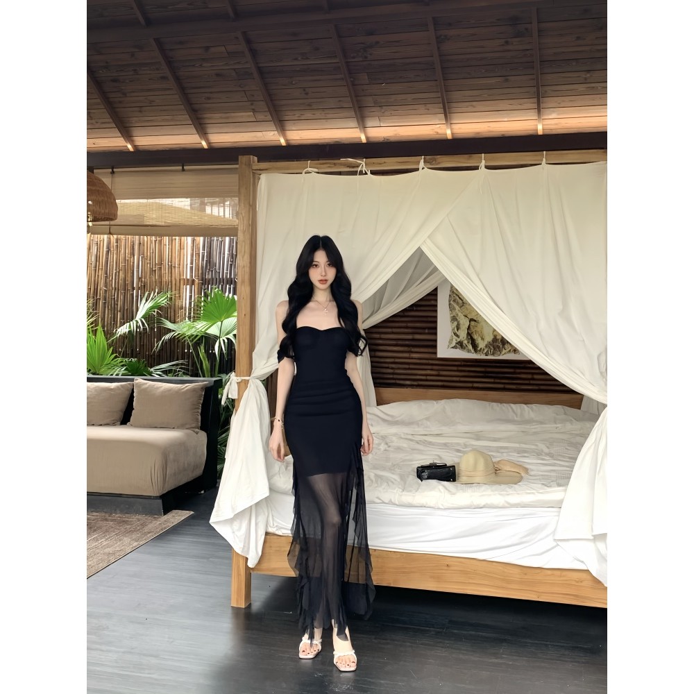 Vogue🌟พร้อมส่ง🌟 ชุดเดรสเปิดไหล่ กระโปรงยาว สีดำเรียบหรูดูแพงมากแม่ (FY2941) - รูปที่ 5