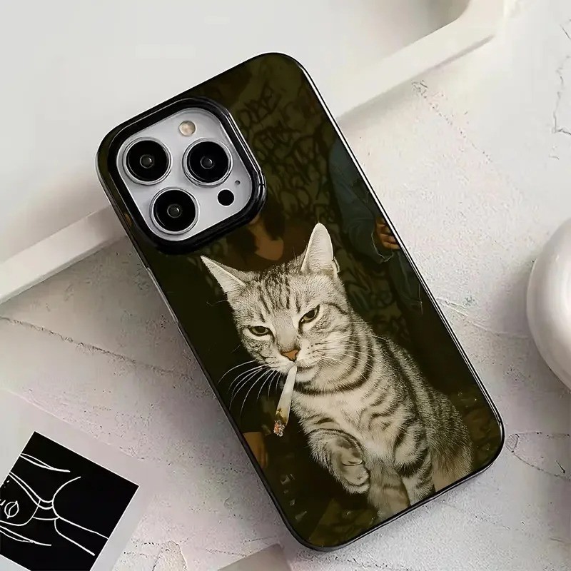 แฟชั่นแมวสูบบุหรี่รูปแบบเคสโทรศัพท์สําหรับiPhone 17 AIR 16 15 14 13 12 11 Pro Max 7 8 Plus 16E XR XS MaxสีดําGlossy TPUกันกระแทกนุ่ม