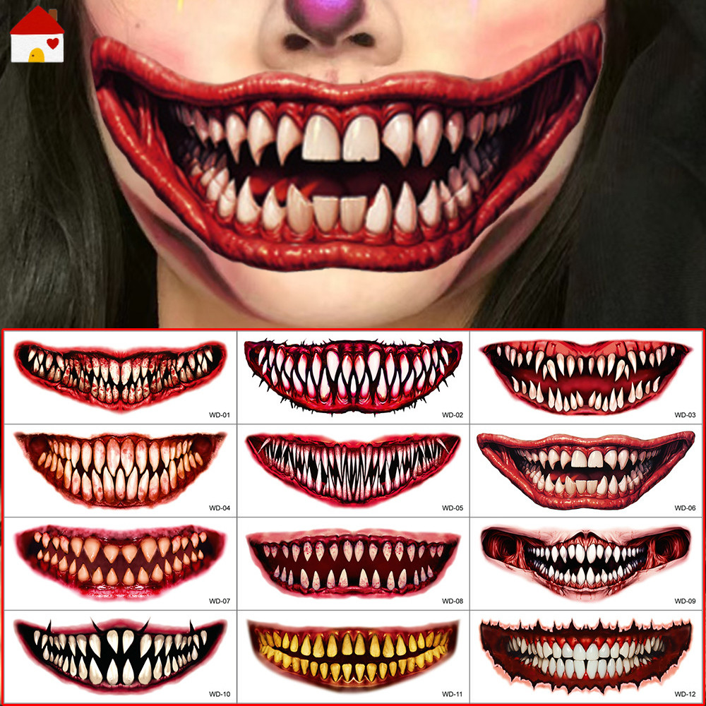 สติกเกอร์แทททู Halloween น่ากลัว - ความปลอดภัย คงทนยาวนาน - สำหรับผู้ใหญ่ ตกแต่งด้วยศิลปะบนร่างกายแบบ Joker ลายปาก