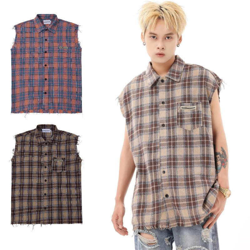 เสื้อแขนกุดผู้ชาย สไตล์อเมริกันย้อนยุค ลายสก๊อต สวมใส่สบาย