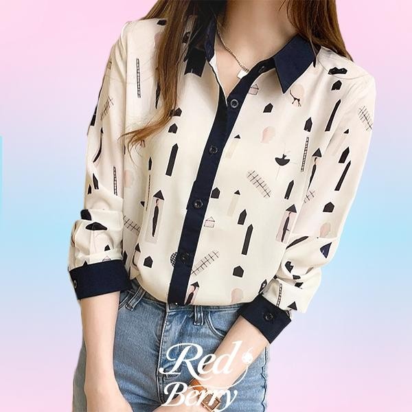 Red Berryเสื้อเชิ้ตผ้าชีฟองพิมพ์ลายผู้หญิงฤดูใบไม้ผลิและฤดูใบไม้ร่วงใหม่แขนเสื้อลายการ์ตูนด้านบน W391
