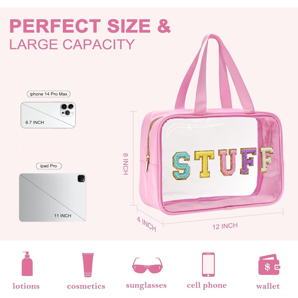 Yowivon Clear Stuff Tote Bag สีชมพู Big Travel เครื่องสําอางแต่งหน้าแป้งกระเป๋าพร้อมที่จับและซิป,โปร