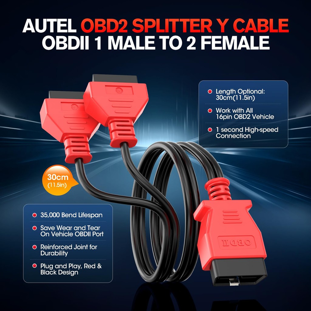 Autel OBD2 Splitter Y Cable, 16 Pin OBD II Splitter Extension, OBDII 1 Male to 2 Female Extension Ca