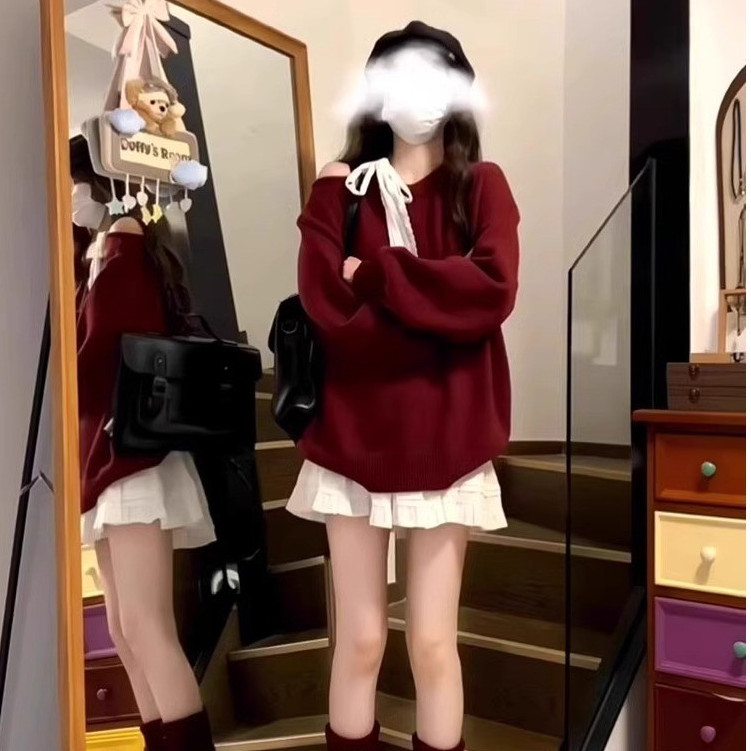 เสื้อกันหนาวสีแดงแขนยาวปิดไหล่ สำหรับฤดูหนาว