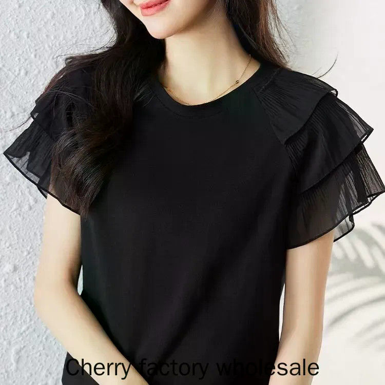 เสื้อลายใบบัวแขนครึ่ง สไตล์เกาหลี สบายๆ สำหรับผู้หญิง