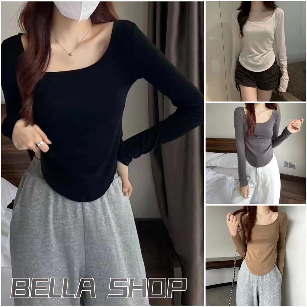 Bella เสื้อยืด ครอปแขนยาว เสื้อคอเหลี่ยม  สไตล์เกาหลี เข้ารูปใส่แล้วดูผอม พร้อมส่งจากกทม มาถึงใน 3-5 วัน