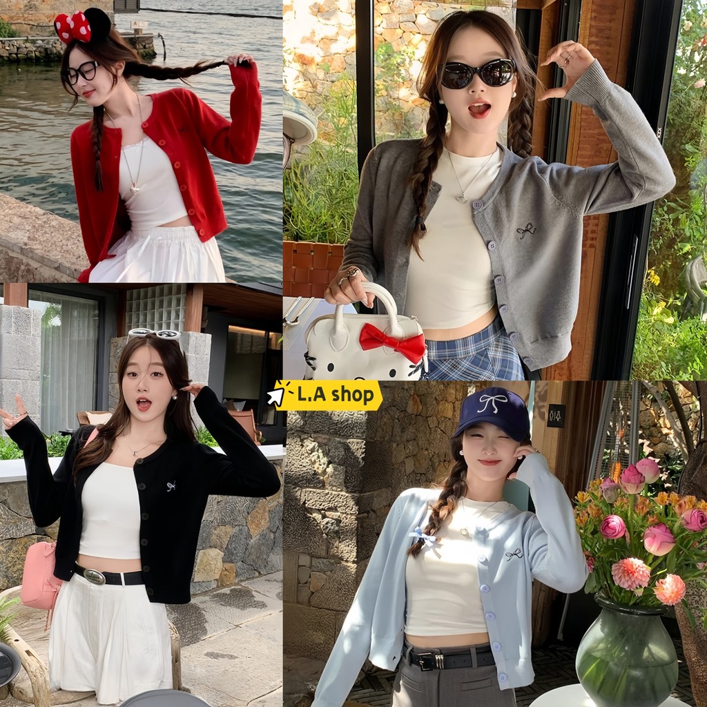 L.A Shop🌟พร้อมส่ง เสื้อคาดิแกรนไหมพรม แขนยาว คอกลมเกาหลีมาก ปักฌบว์ที่หน้าอก"Z-YX12"