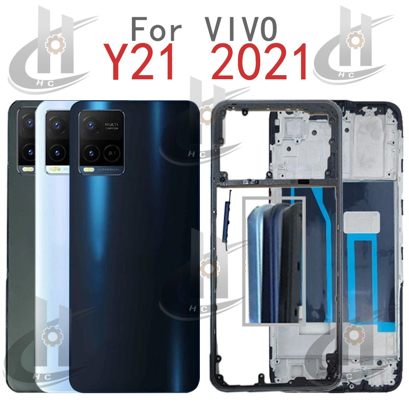 สําหรับ VIVO Y21 2021 Y21A Y21G Y21E Y21S Y21T แบตเตอรี่ฝาหลังกรอบกลาง + ปุ่ม + กรอบด้านหน้า LCD + เลนส์กล้อง