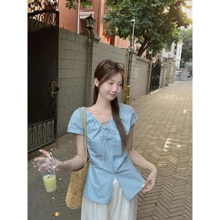 Red Berryเสื้อเชิ้ตคอวีผูกโบว์สไตล์เกาหลีผู้หญิง ดีไซน์จีบ ทรงเข้ารูป เอวเข้ารูป หน้าร้อน99200