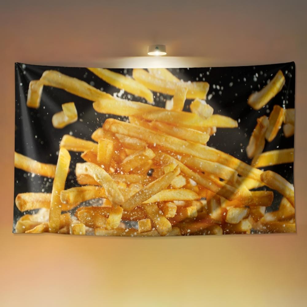 ขนมเฟรนช์ฟรายส์อร่อยแขวนผ้าผ้าโฆษณาเหมาะสําหรับร้านอาหารและร้านค้าขนาดเล็กโฆษณาป้ายผ้าขนมขนมขนมขนมขนมขนมแขวนผ้าพื้นหลังผ้า