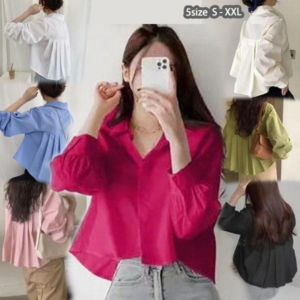 Chili#เสื้อเชิ้ตผู้หญิงคอแหลมแขนยาวเวอร์ชั่นเกาหลี สีชมพูกุหลาบสุดหรูหรา ดีไซน์จีบด้านหลังไม่ซ้ำใคร ทรงหลวม#w650