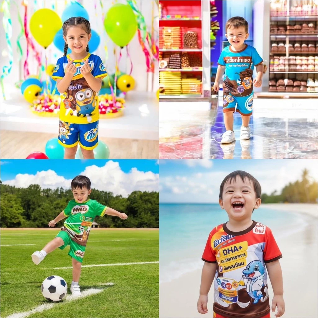 ชุดเด็กลายนมรสช็อกโกแลต ชุดนอน/ชุดอยู่บ้าน เด็กชายหญิง ลายโอวัลติน สำหรับเด็กชายและหญิง