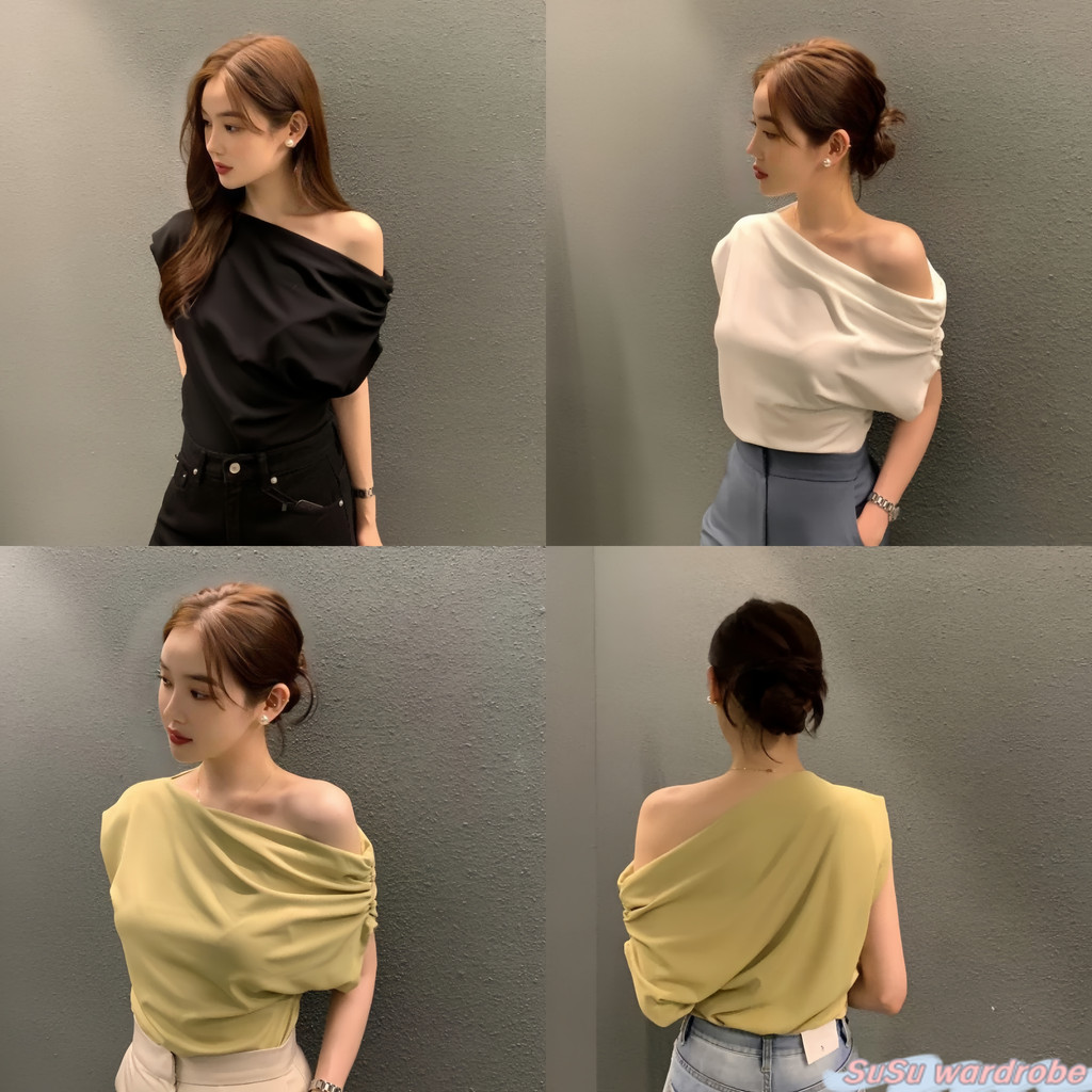 SuSu🎀พร้อมส่ง🎀 เสื้อ เสื้อแขนสั้นสไตล์ฝรั่งเศสสีเรียบง่าย ดีไซน์คอเปิดไหล่ไม่สมมาต FYP13