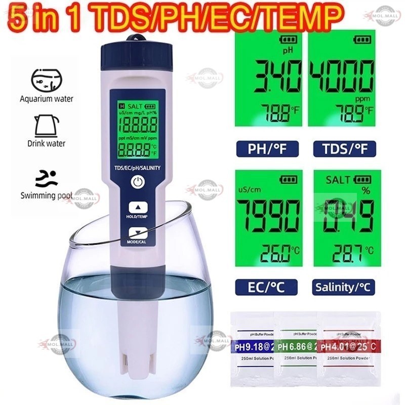 ครื่องวัดคุณภาพน้ำ 5 in 1 EC TDS PH SALT TEMP meter เครื่องวัด ph ในน้ํา วัดความเค็ม วัดเกลือเจือจาง วัดความเค็มน้ำประปา