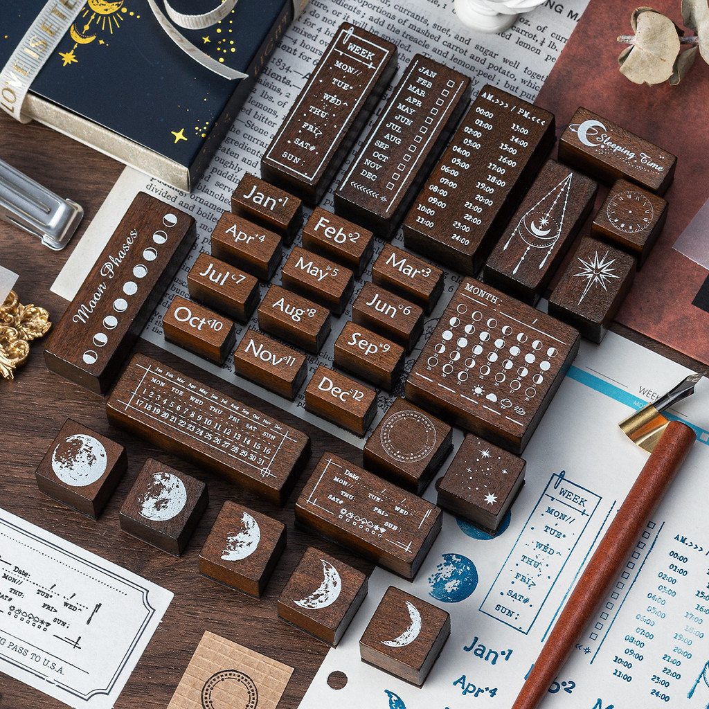 月相星辉木质印章套盒万年历星期月份手账印章30枚跨境月相印章Moon Starglow Wooden Seal Set Perpetual Calendar Week20251005