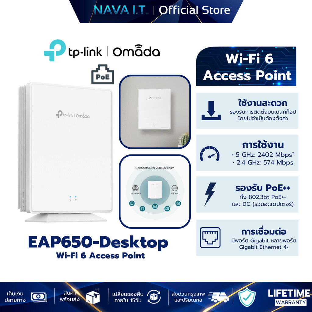 TP-LINK EAP650-Desktop Omada AX3000 Desktop Wi-Fi 6 Access Point รับประกันศูนย์ไทย