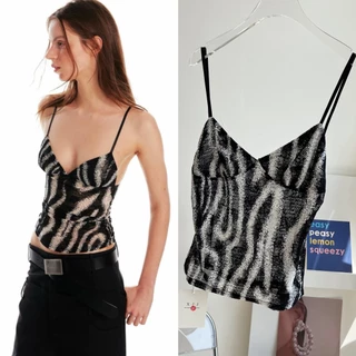 77UNI Tank 7034 Zebra-stripe suspender เสื้อสายเดี่ยวลายม้าลายสีดำผ้าซีทรู ช่วงอกผ้า2ชั้น