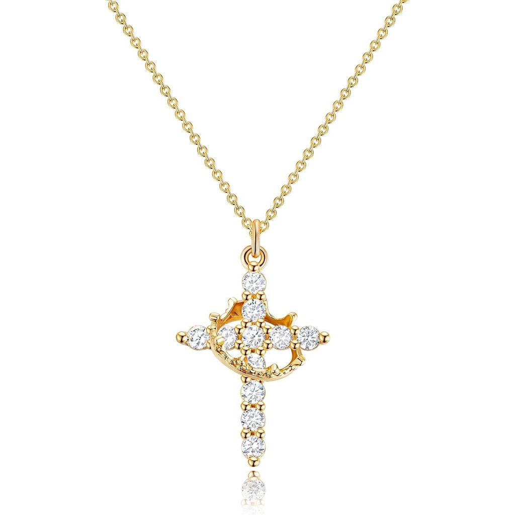 Women's Gifts Upgraded Crown Cross Necklace for Women 14K Gold Plated Crown Cross Pendant Necklace S
