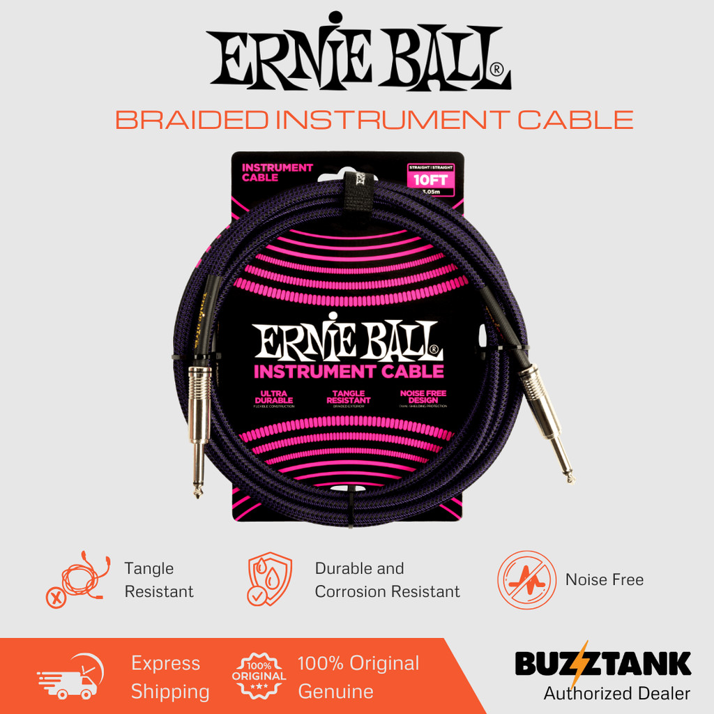 Ernie Ball 10FT Braided Straight to Straight Instrument Cable, Purple Black